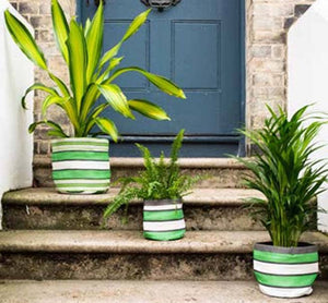 Small 14 cm - Eco Woven Plant Pot Cover in Grass Green, Indigo & Pearl
