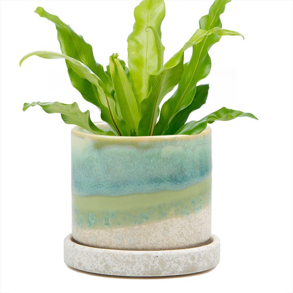Minute - Glazed Modern Ceramic Pot with Saucer: Blue Aqua / 5"