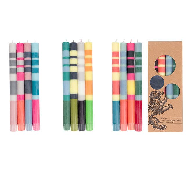 Mixed Set Reds, Oranges & Blues Striped Eco Dinner Candles, 4 per pack