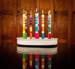 Mixed Set Reds, Oranges & Blues Striped Eco Dinner Candles, 4 per pack