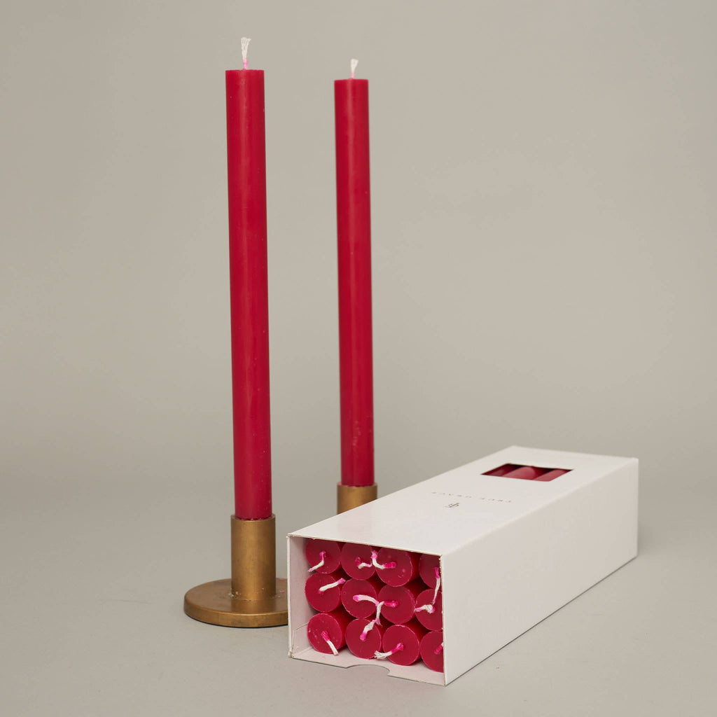 Cerise Coloured Box of 12 Taper Candles - 12hr Burn