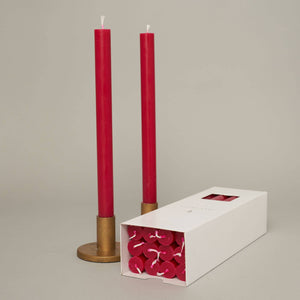 Cerise Coloured Box of 12 Taper Candles - 12hr Burn