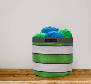 Small 14 cm - Eco Woven Plant Pot Cover in Grass Green, Indigo & Pearl